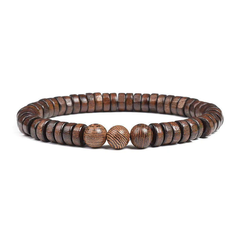 Beaded Bracelet Cylindrical Wood and Yellow Tiger Eye Stone Elastic