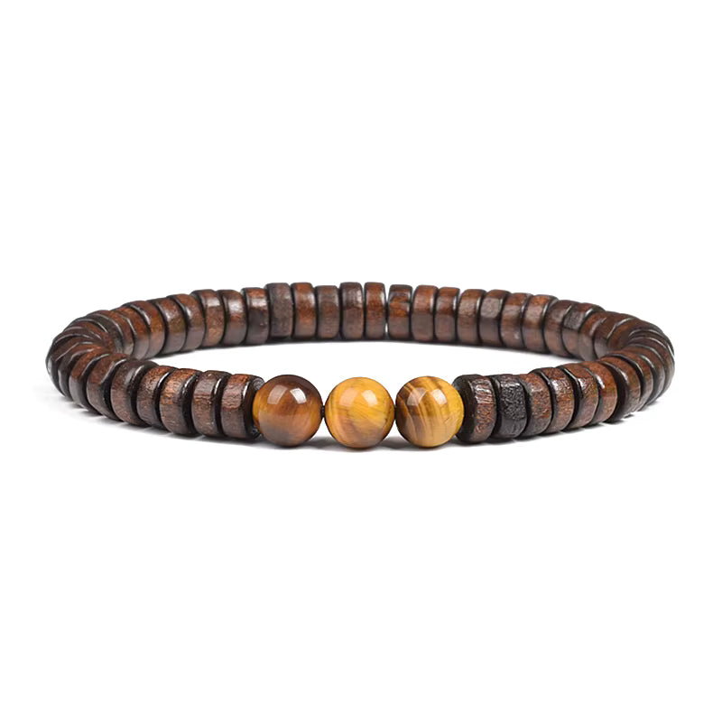 Beaded Bracelet Cylindrical Wood and Yellow Tiger Eye Stone Elastic