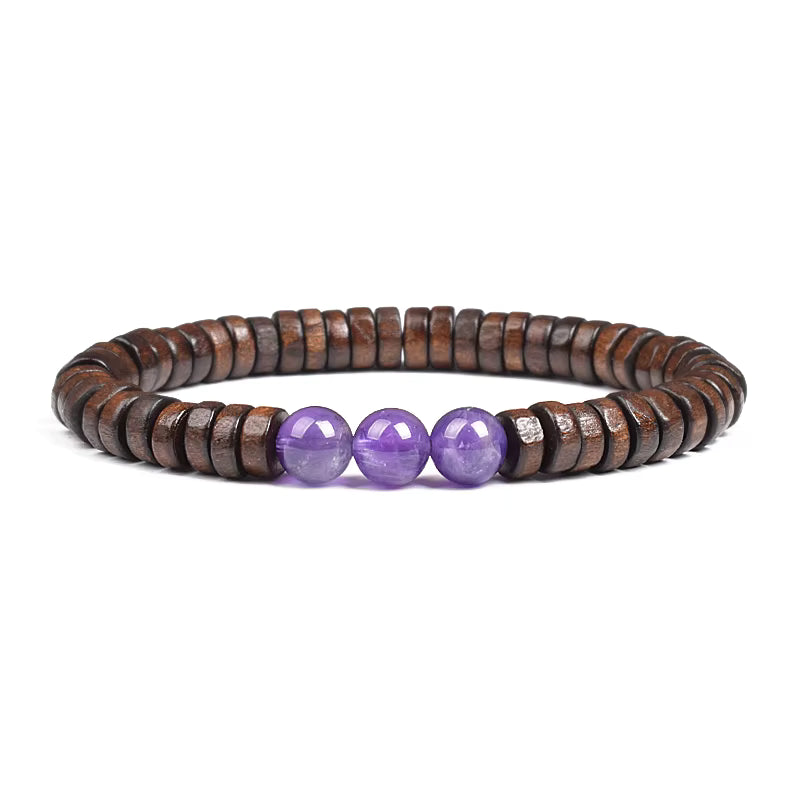 Beaded Bracelet Cylindrical Wood and Yellow Tiger Eye Stone Elastic