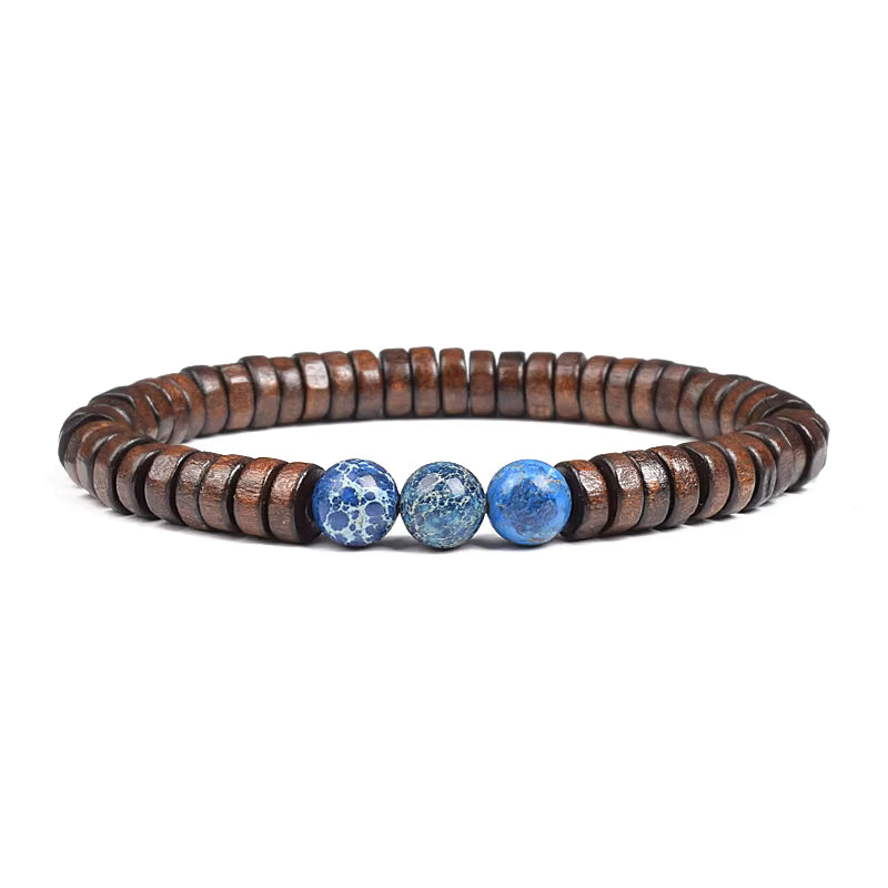 Beaded Bracelet Cylindrical Wood and Yellow Tiger Eye Stone Elastic