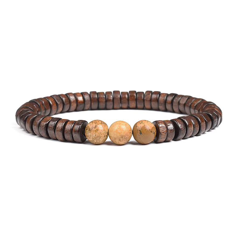 Beaded Bracelet Cylindrical Wood and Yellow Tiger Eye Stone Elastic