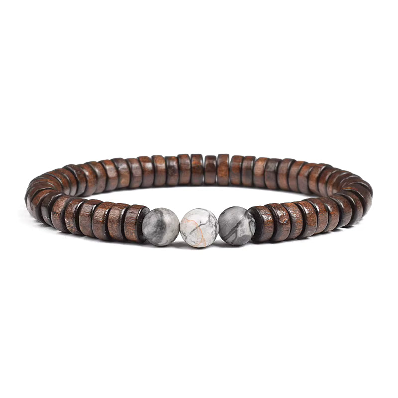 Beaded Bracelet Cylindrical Wood and Yellow Tiger Eye Stone Elastic