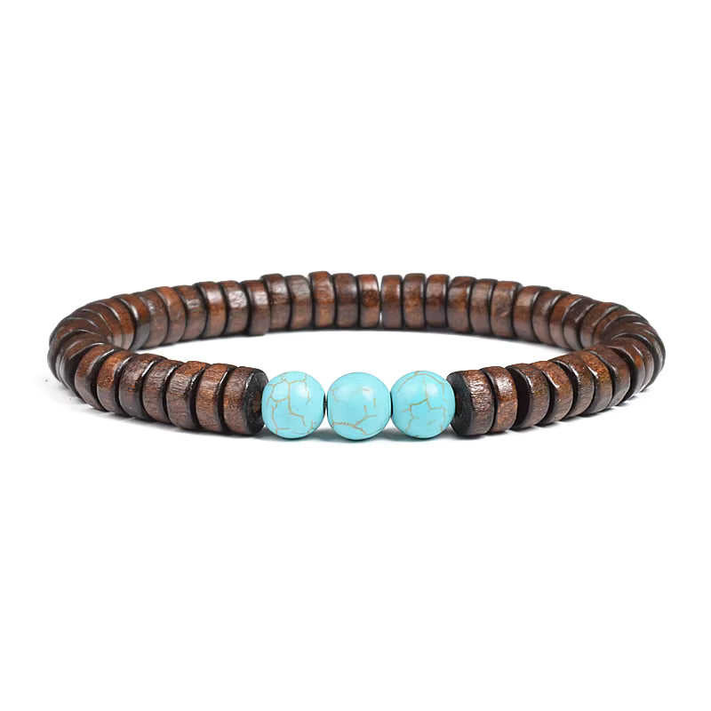 Beaded Bracelet Cylindrical Wood and Yellow Tiger Eye Stone Elastic
