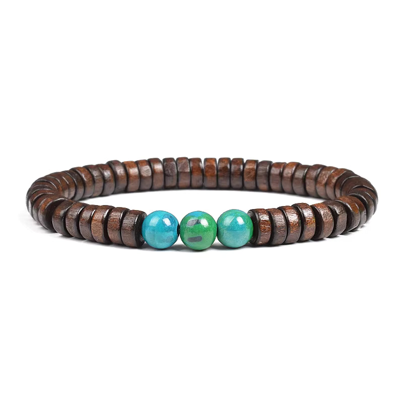 Beaded Bracelet Cylindrical Wood and Yellow Tiger Eye Stone Elastic