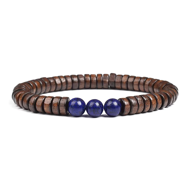 Beaded Bracelet Cylindrical Wood and Yellow Tiger Eye Stone Elastic
