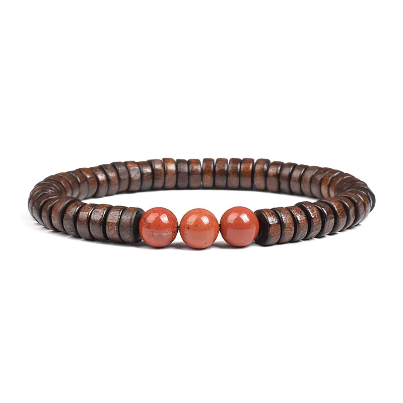 Beaded Bracelet Cylindrical Wood and Yellow Tiger Eye Stone Elastic