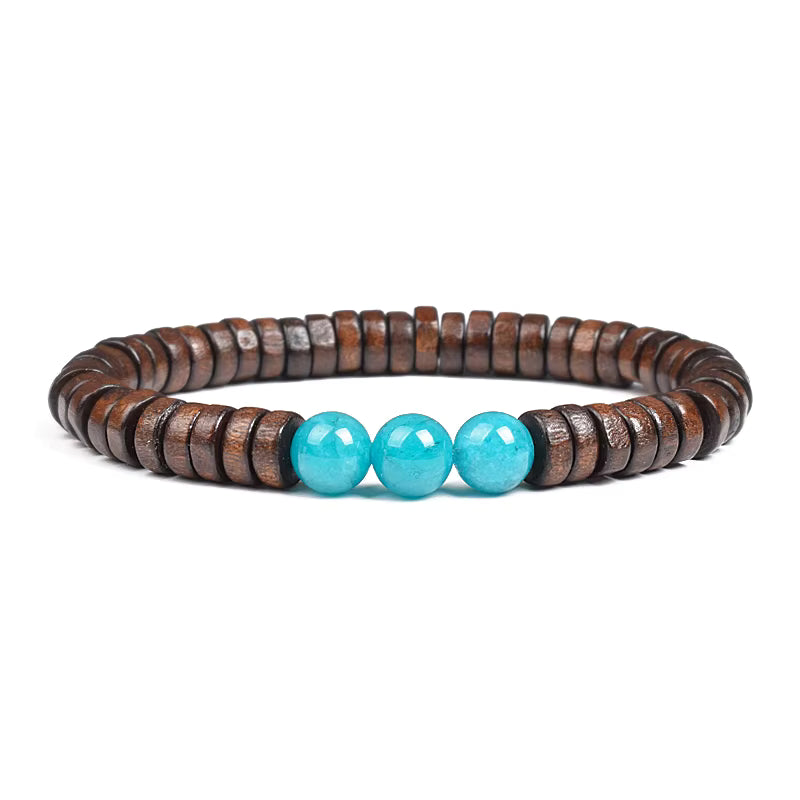 Beaded Bracelet Cylindrical Wood and Yellow Tiger Eye Stone Elastic