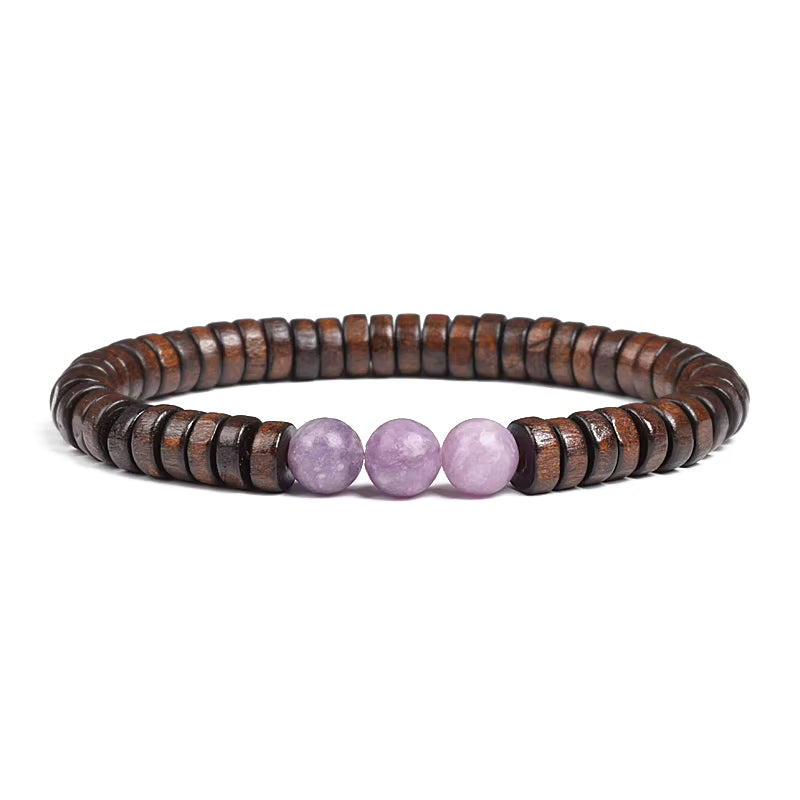 Beaded Bracelet Cylindrical Wood and Yellow Tiger Eye Stone Elastic