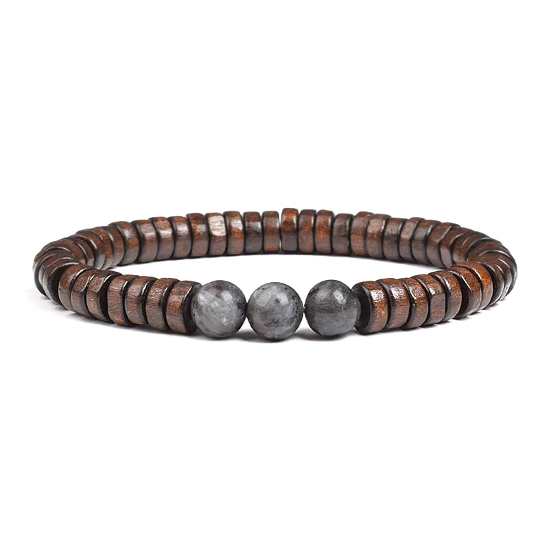 Beaded Bracelet Cylindrical Wood and Yellow Tiger Eye Stone Elastic