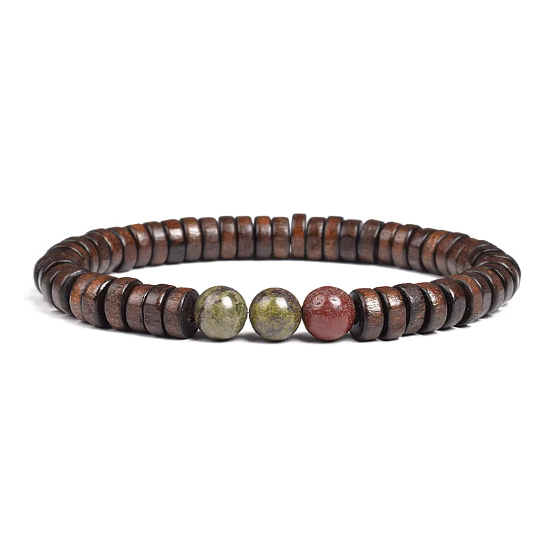 Beaded Bracelet Cylindrical Wood and Yellow Tiger Eye Stone Elastic
