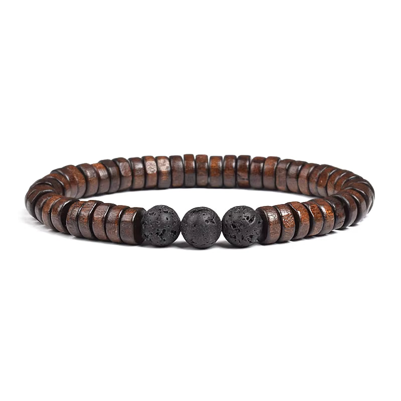 Beaded Bracelet Cylindrical Wood and Yellow Tiger Eye Stone Elastic