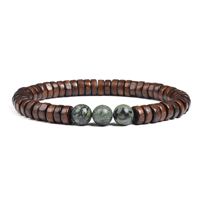 Beaded Bracelet Cylindrical Wood and Yellow Tiger Eye Stone Elastic