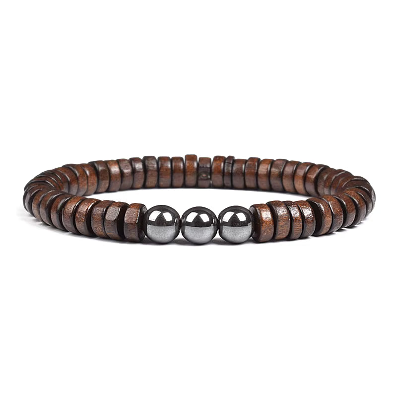Beaded Bracelet Cylindrical Wood and Yellow Tiger Eye Stone Elastic