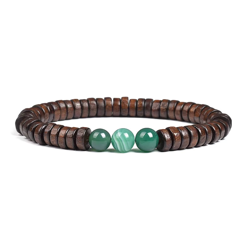 Beaded Bracelet Cylindrical Wood and Yellow Tiger Eye Stone Elastic