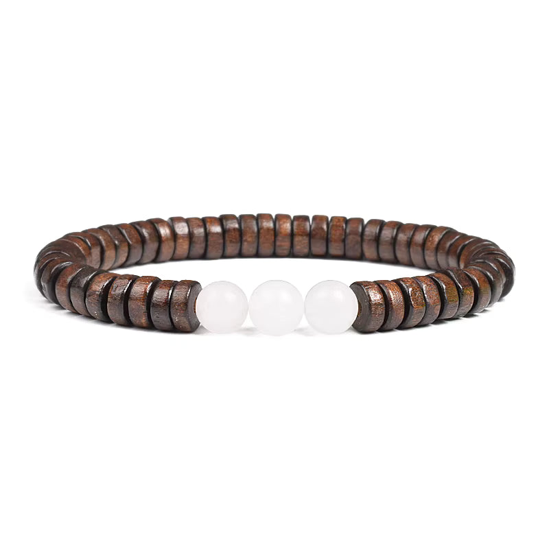 Beaded Bracelet Cylindrical Wood and Yellow Tiger Eye Stone Elastic