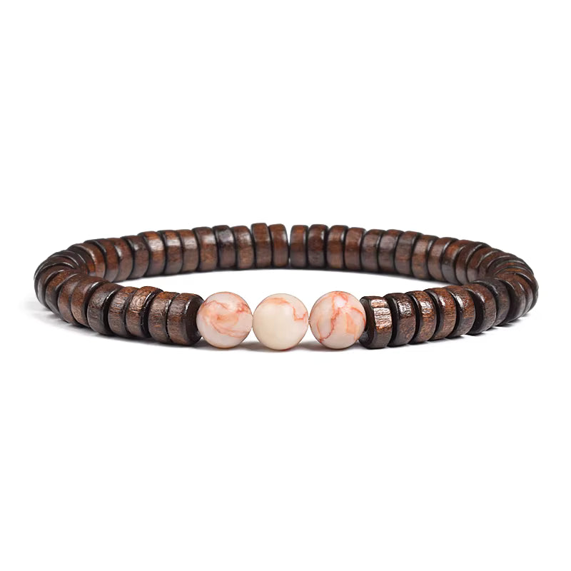 Beaded Bracelet Cylindrical Wood and Yellow Tiger Eye Stone Elastic