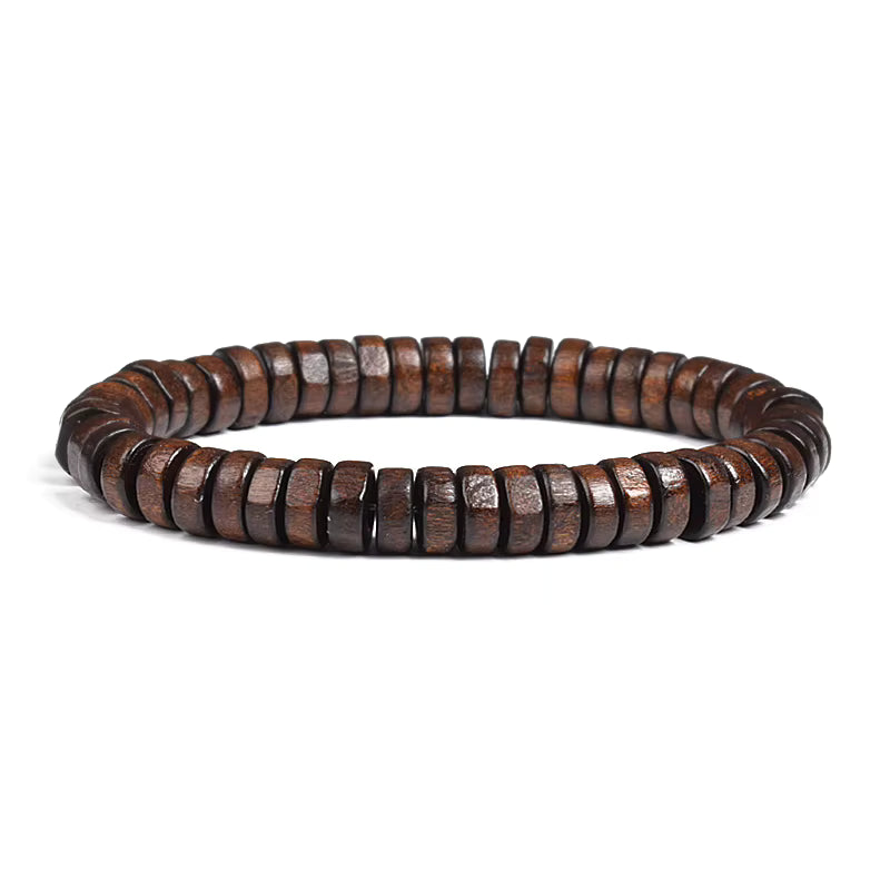 Beaded Bracelet Cylindrical Wood and Yellow Tiger Eye Stone Elastic