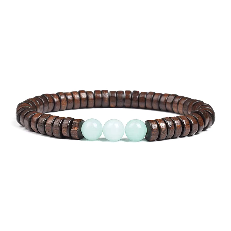 Beaded Bracelet Cylindrical Wood and Yellow Tiger Eye Stone Elastic