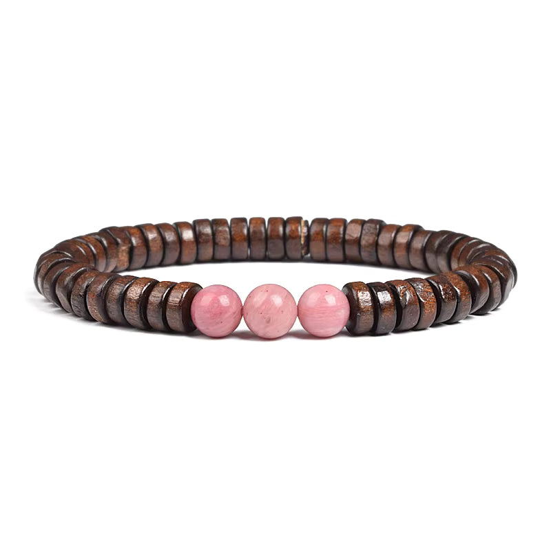 Beaded Bracelet Cylindrical Wood and Yellow Tiger Eye Stone Elastic