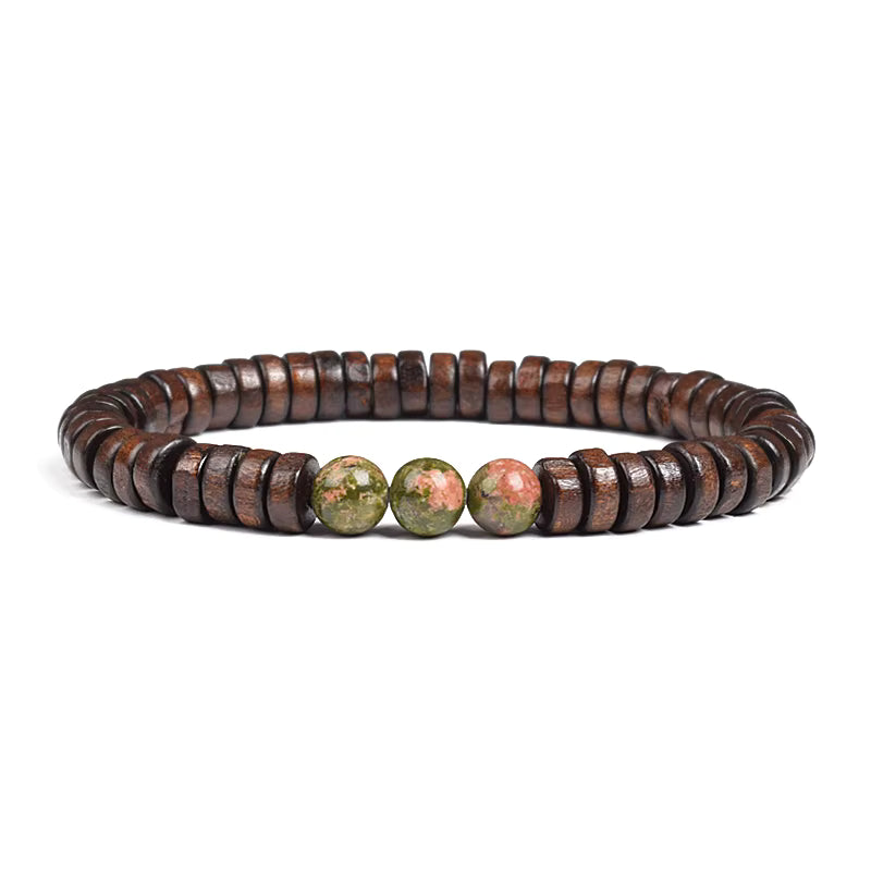 Beaded Bracelet Cylindrical Wood and Yellow Tiger Eye Stone Elastic