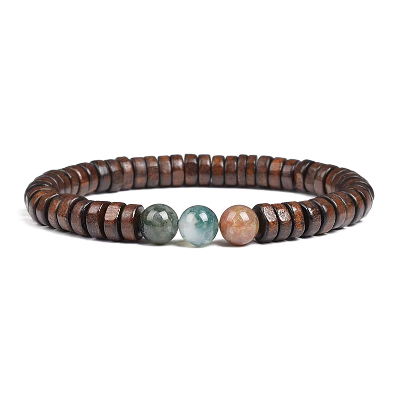 Beaded Bracelet Cylindrical Wood and Yellow Tiger Eye Stone Elastic