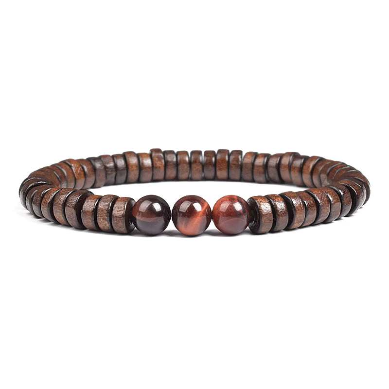 Beaded Bracelet Cylindrical Wood and Yellow Tiger Eye Stone Elastic