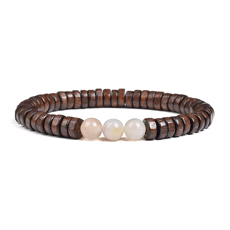 Beaded Bracelet Cylindrical Wood and Yellow Tiger Eye Stone Elastic