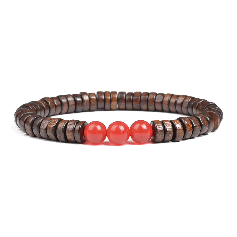 Beaded Bracelet Cylindrical Wood and Yellow Tiger Eye Stone Elastic