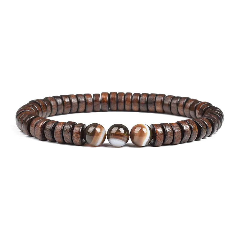 Beaded Bracelet Cylindrical Wood and Yellow Tiger Eye Stone Elastic