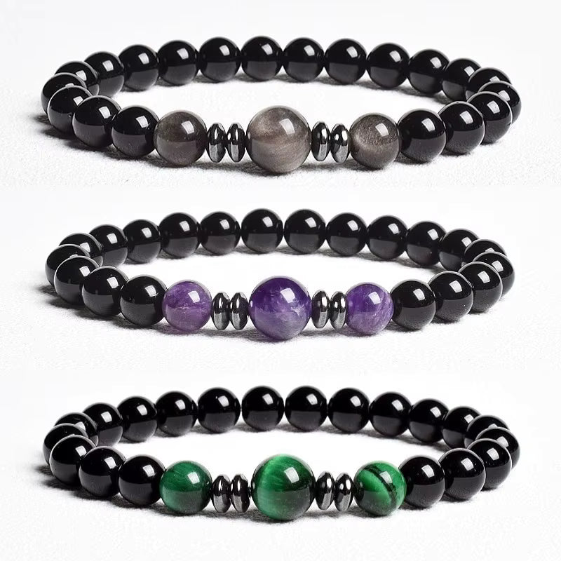 Beaded Bracelet Handmade Natural Black Agate Tiger Eye Elastic Unisex