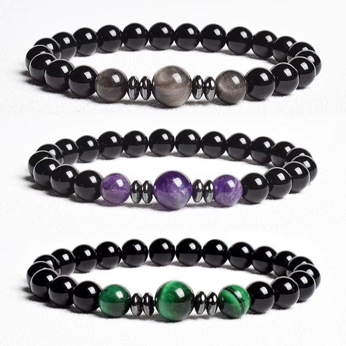 Beaded Bracelet Handmade Natural Black Agate Tiger Eye Elastic Unisex