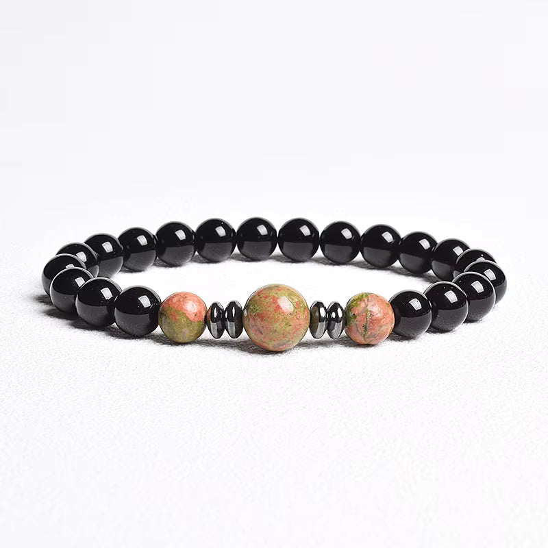 Beaded Bracelet Handmade Natural Black Agate Tiger Eye Elastic Unisex