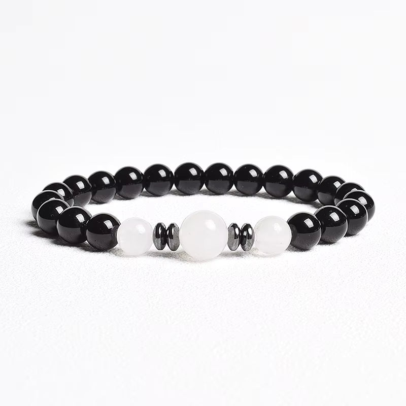 Beaded Bracelet Handmade Natural Black Agate Tiger Eye Elastic Unisex