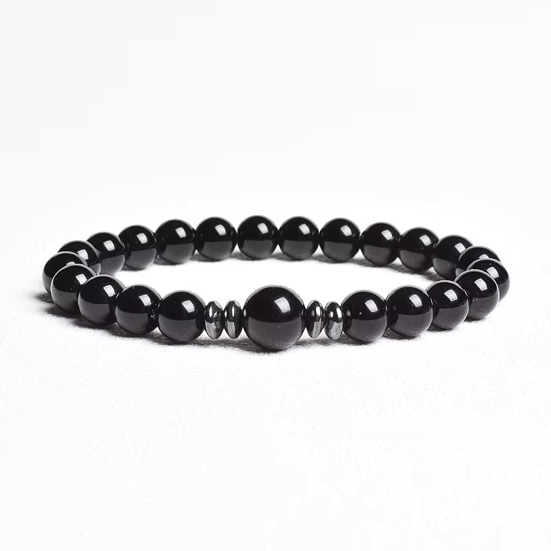 Beaded Bracelet Handmade Natural Black Agate Tiger Eye Elastic Unisex