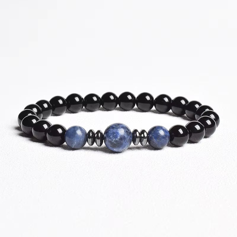 Beaded Bracelet Handmade Natural Black Agate Tiger Eye Elastic Unisex
