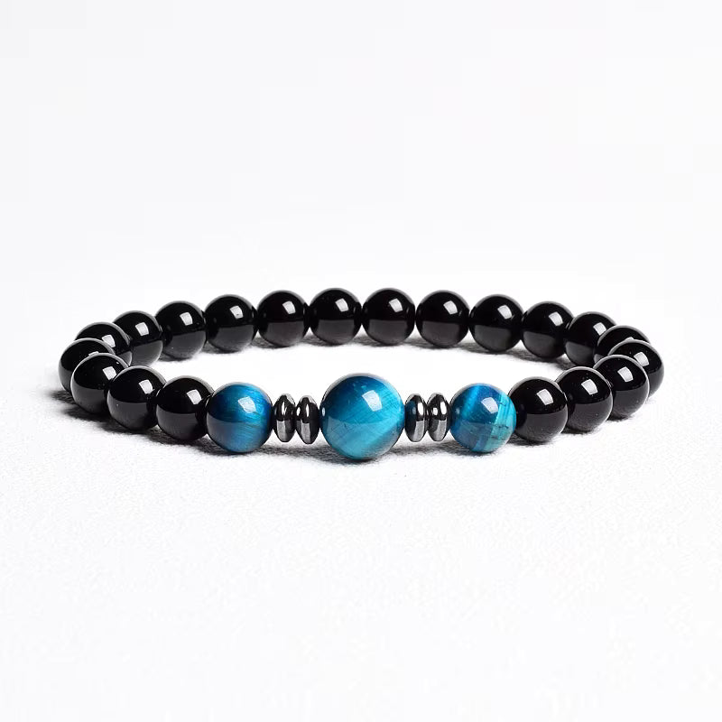Beaded Bracelet Handmade Natural Black Agate Tiger Eye Elastic Unisex