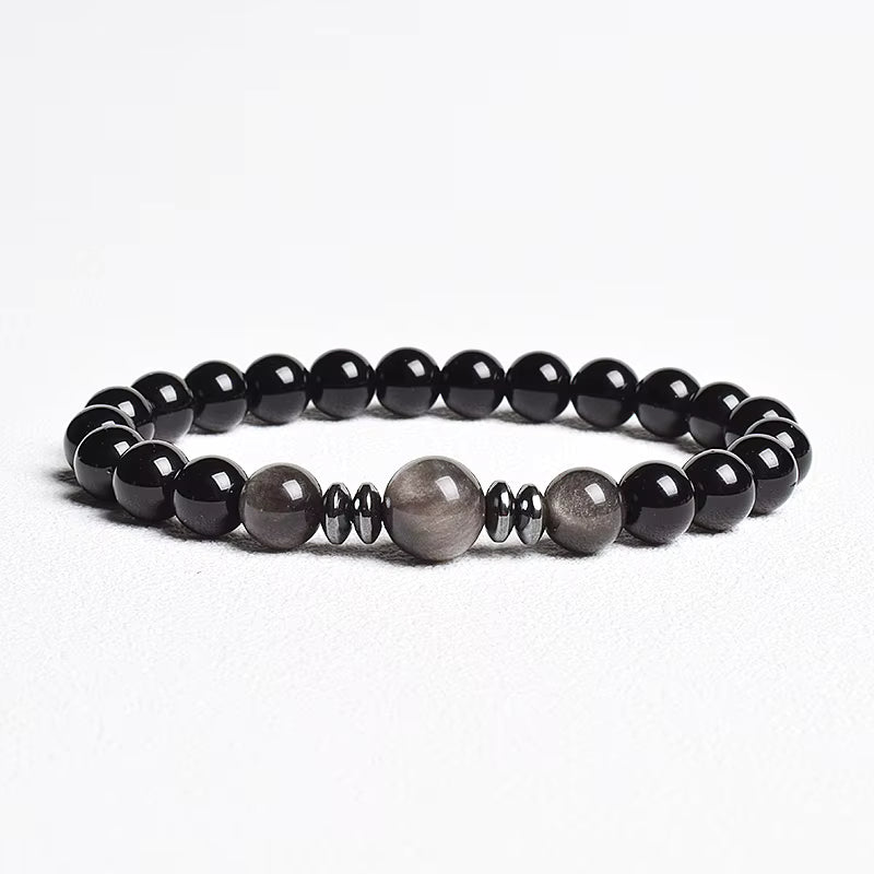 Beaded Bracelet Handmade Natural Black Agate Tiger Eye Elastic Unisex