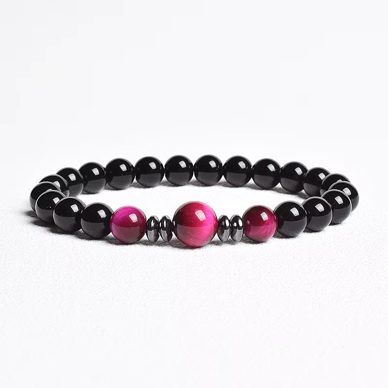 Beaded Bracelet Handmade Natural Black Agate Tiger Eye Elastic Unisex