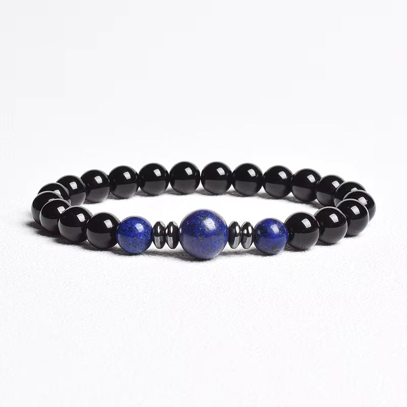 Beaded Bracelet Handmade Natural Black Agate Tiger Eye Elastic Unisex
