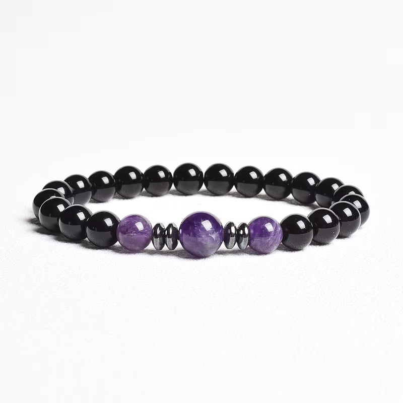 Beaded Bracelet Handmade Natural Black Agate Tiger Eye Elastic Unisex