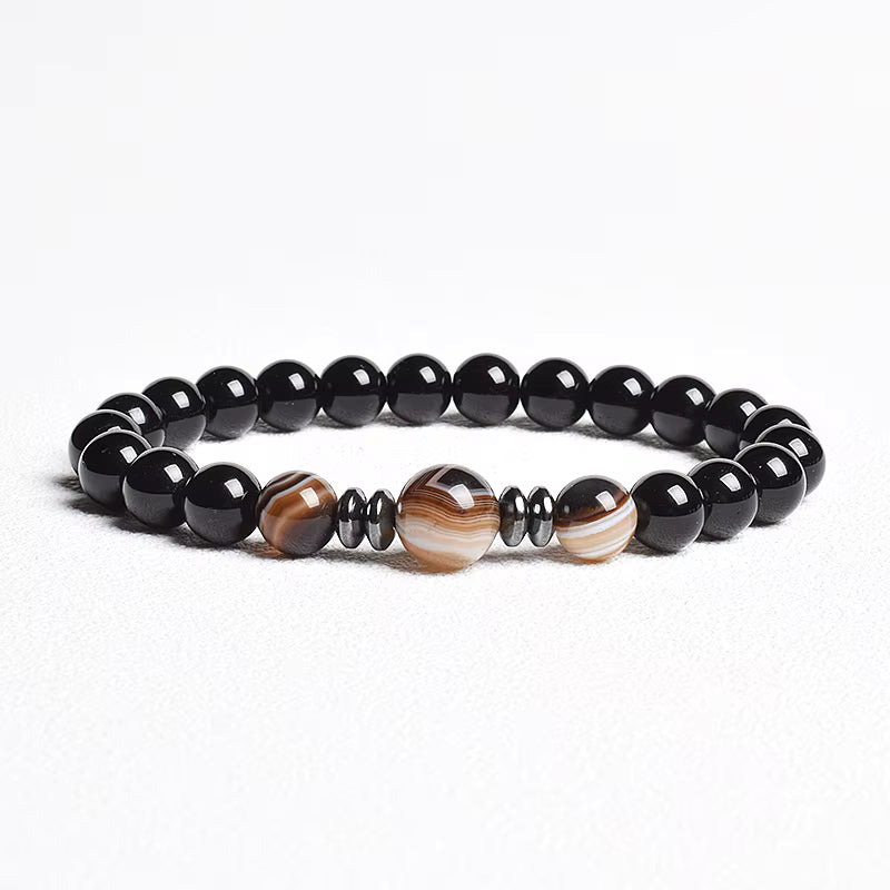 Beaded Bracelet Handmade Natural Black Agate Tiger Eye Elastic Unisex