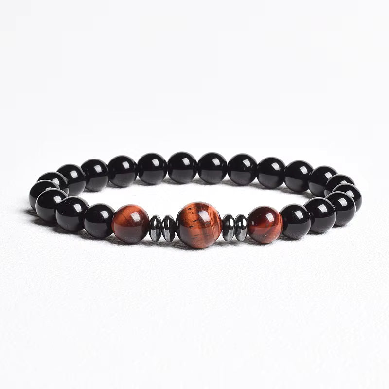Beaded Bracelet Handmade Natural Black Agate Tiger Eye Elastic Unisex