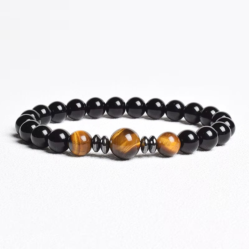 Beaded Bracelet Handmade Natural Black Agate Tiger Eye Elastic Unisex