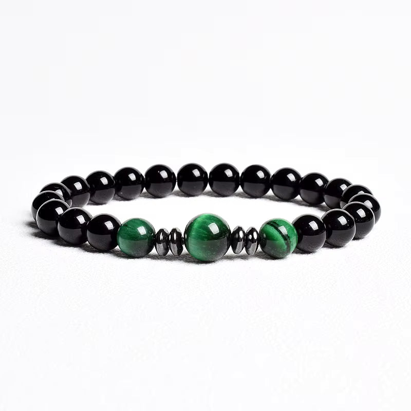 Beaded Bracelet Handmade Natural Black Agate Tiger Eye Elastic Unisex