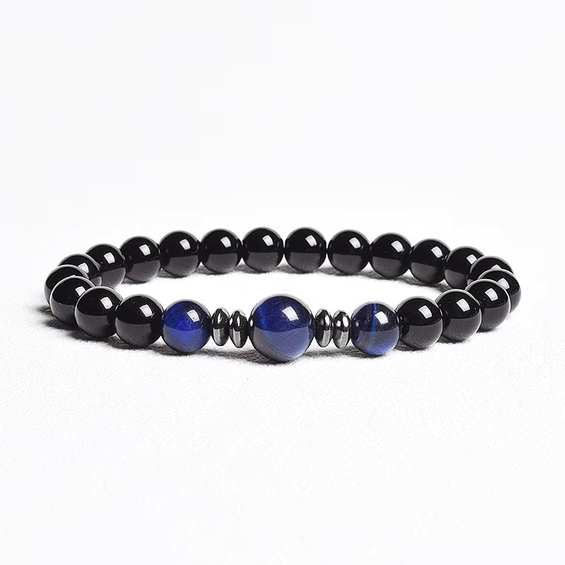 Beaded Bracelet Handmade Natural Black Agate Tiger Eye Elastic Unisex