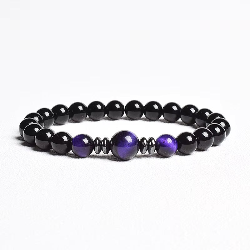 Beaded Bracelet Handmade Natural Black Agate Tiger Eye Elastic Unisex
