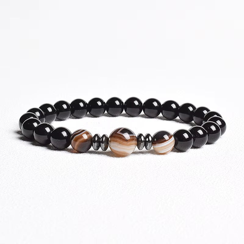 Beaded Bracelet Handmade Natural Black Agate Tiger Eye Elastic Unisex