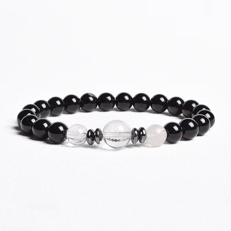 Beaded Bracelet Handmade Natural Black Agate Tiger Eye Elastic Unisex