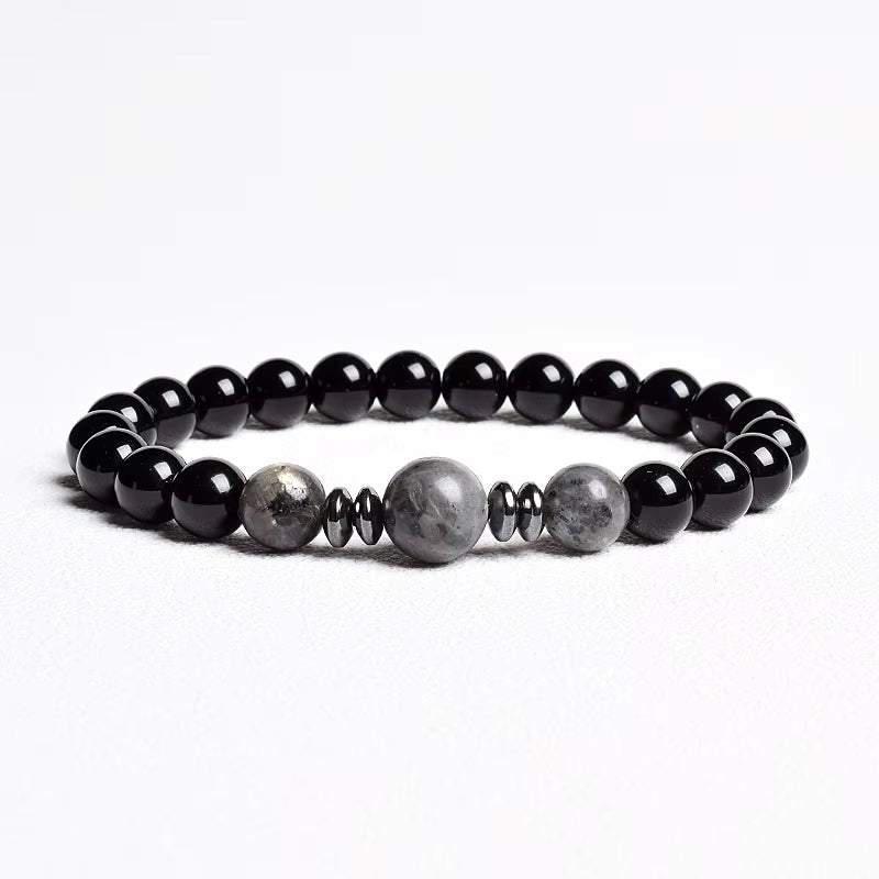Beaded Bracelet Handmade Natural Black Agate Tiger Eye Elastic Unisex