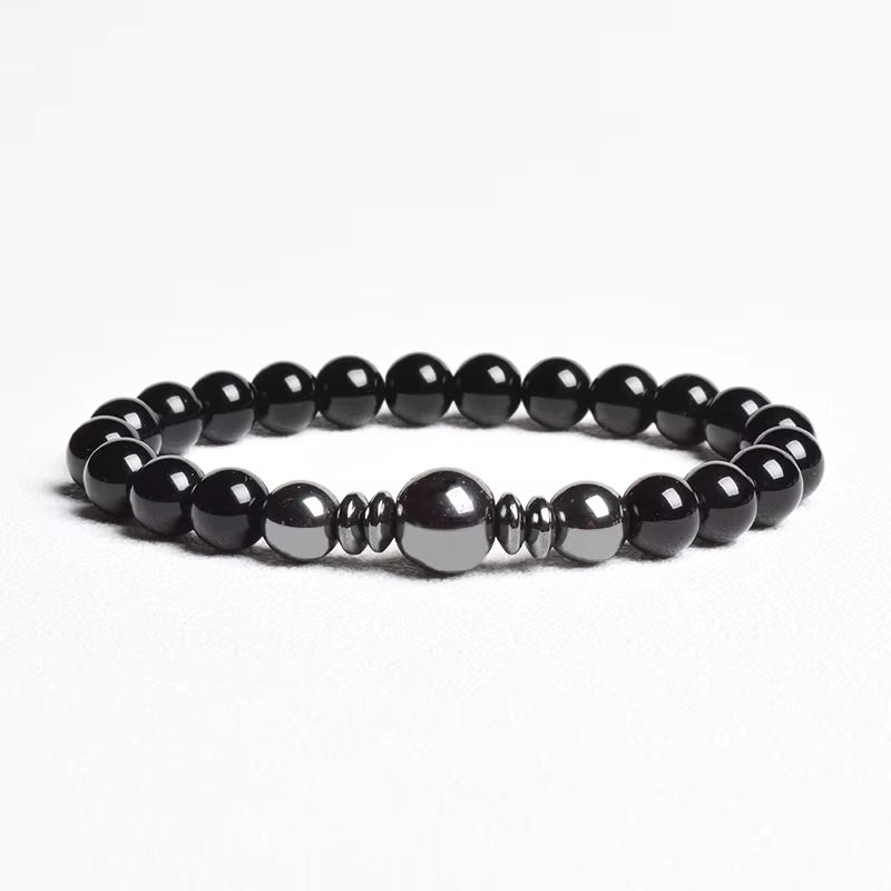 Beaded Bracelet Handmade Natural Black Agate Tiger Eye Elastic Unisex